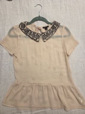 Zara Trafuluc Peach Sheer Beaded Peter Collar Top